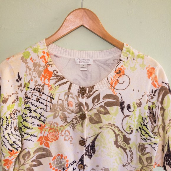 Christopher & Banks Short Sleeve cardigan Womens Size M Floral Print Brown Green - Picture 2 of 9